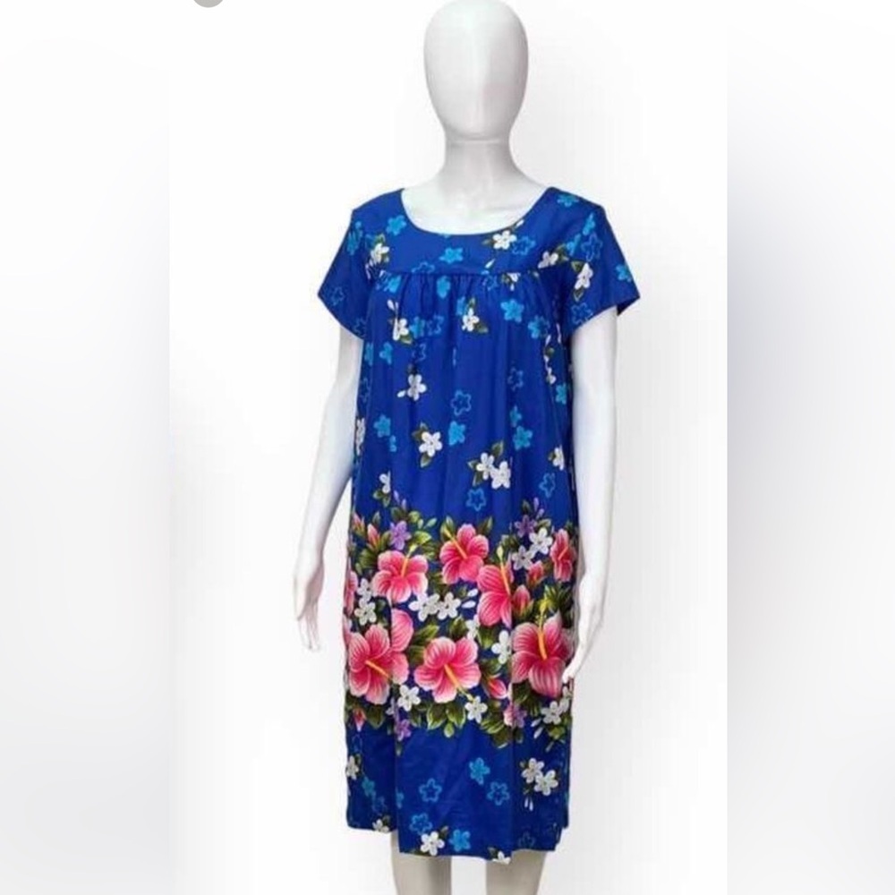 Vintage Ui Maikai Hawaiian Muu Muu dress made in Hawaii Blue & Pink Floral sz 10